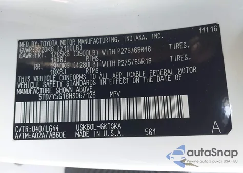 2017 Toyota Sequoia Sr5 из США, поврежденный, VIN 5TDZY5G18HS067126